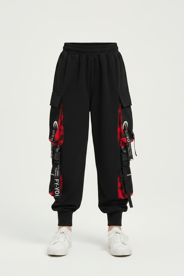 Pantalon Parachute Noir Carreaux Rouges Cargo Ample - Molleton - vue 3