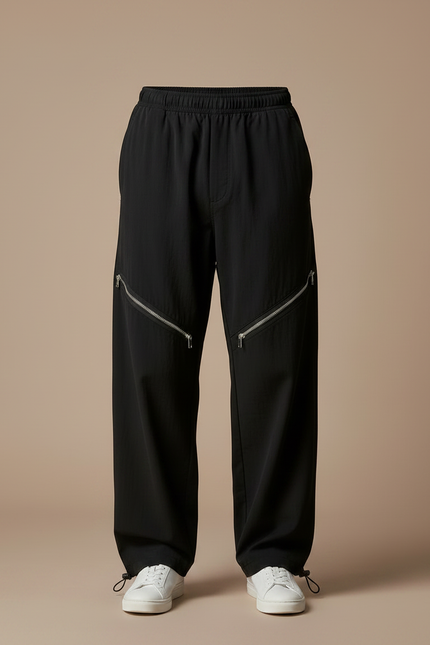 Pantalon Parachute Noir Ample Zippé Décontracté Homme - Polyester - vue 3