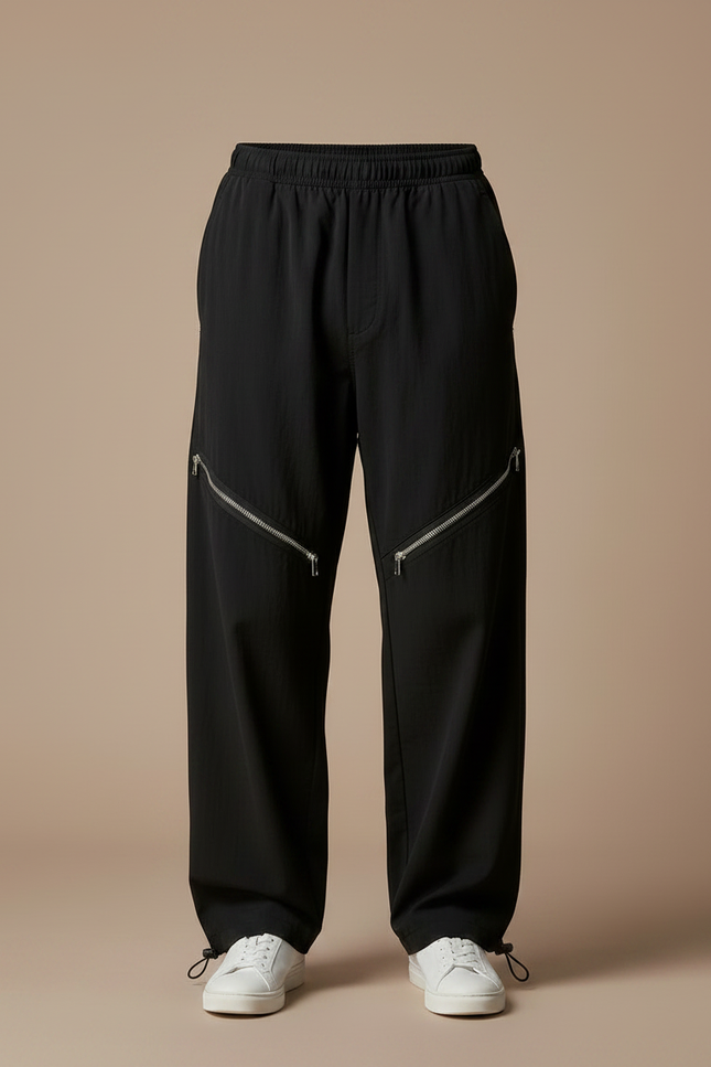 Pantalon Parachute Noir Ample Zippé Décontracté Homme - Polyester - vue 3