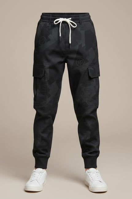 Pantalon Parachute Cargo Camouflage Noir Cordon Enfant - Toile - vue 3