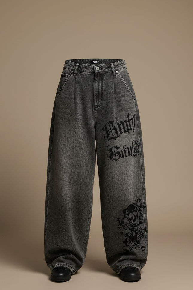 Pantalon Parachute Gris Délavé Ample Skateboard Crânes Gothique - Jean - vue 3