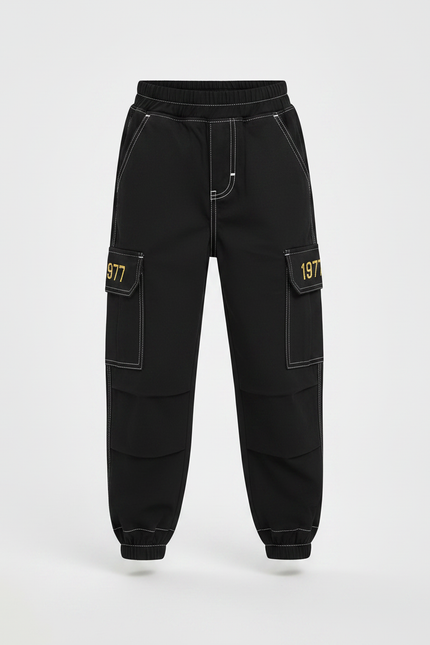 Pantalon Parachute Noir Cargo Coton Garçon Décontracté - vue 3