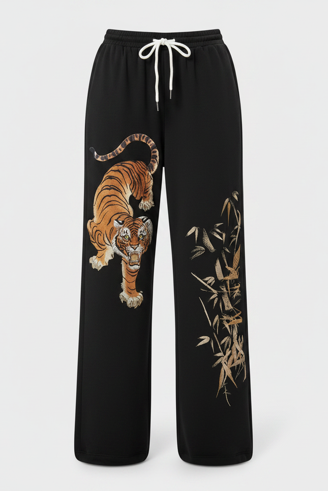 Pantalon Parachute Noir Ample Brodé Tigre Bambou - Molleton - vue 3