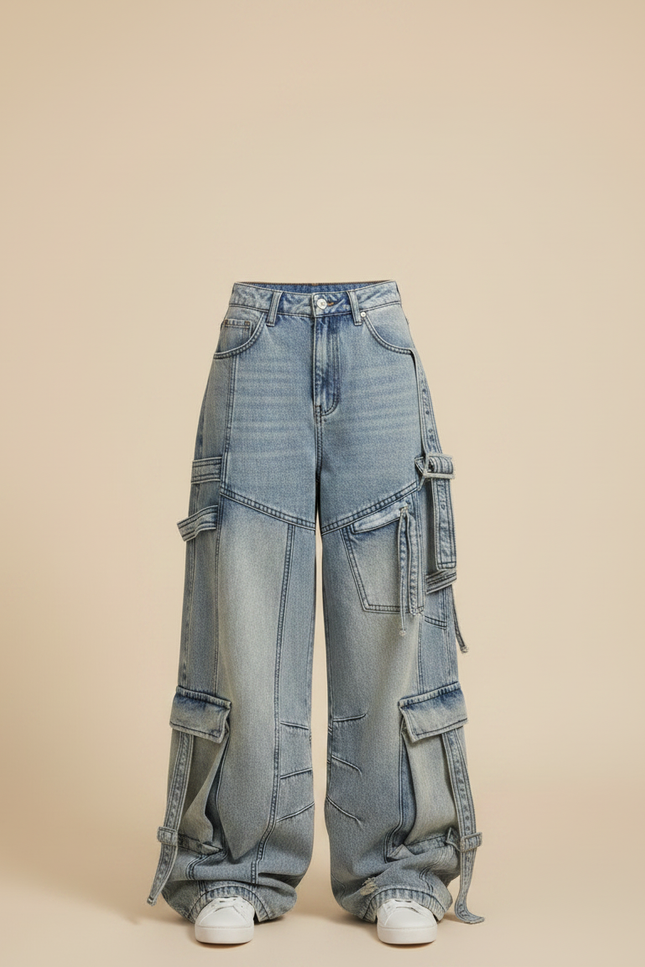 Pantalon Parachute Jean Ample Délavé Multipoches Ajustable - Bleu - vue 3