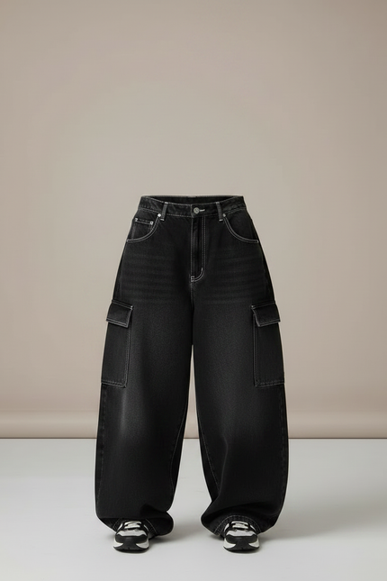 Pantalon Parachute Noir Délavé Ample Cargo Imprimé Femme - Jean - vue 3