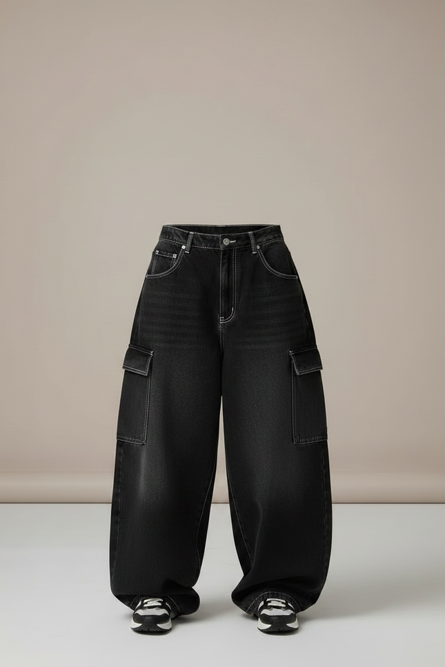Pantalon Parachute Noir Délavé Ample Cargo Imprimé Femme - Jean - vue 3