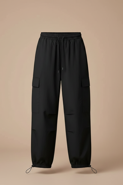 Pantalon Parachute Noir Cargo Ample Chevilles Élastiquées - Polyester - vue 3