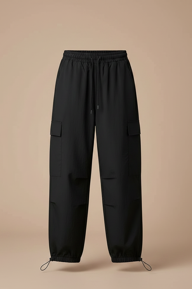 Pantalon Parachute Noir Cargo Ample Chevilles Élastiquées - Polyester - vue 3