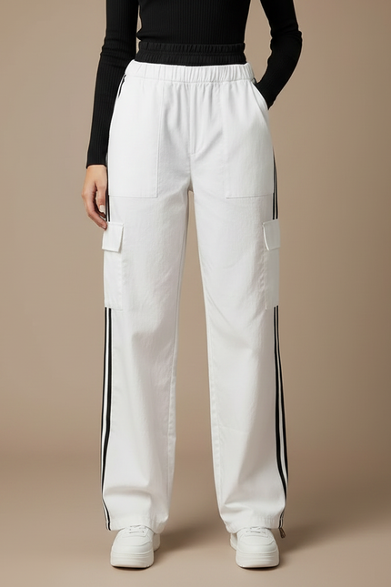 Pantalon Parachute Blanc Cargo Rayures Latérales Ample Femme - Toile - vue 3