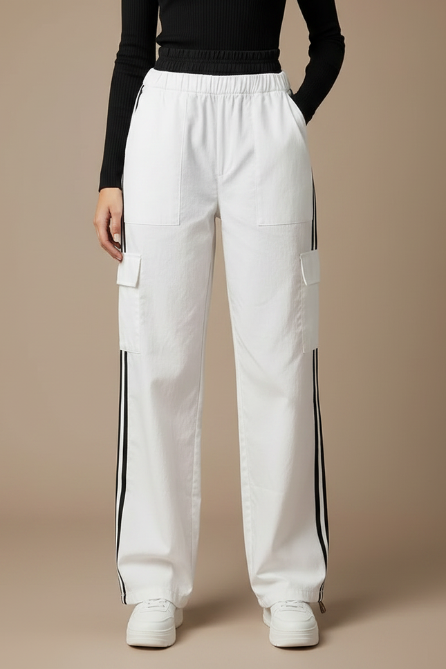 Pantalon Parachute Blanc Cargo Rayures Latérales Ample Femme - Toile - vue 3