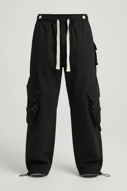 Pantalon Parachute Noir Cargo Cordon Ample Jeune - Toile - vue 3