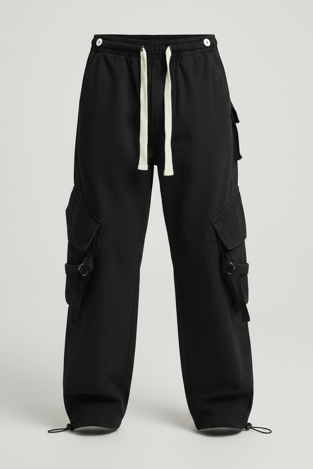 Pantalon Parachute Noir Cargo Cordon Ample Jeune - Toile - vue 3