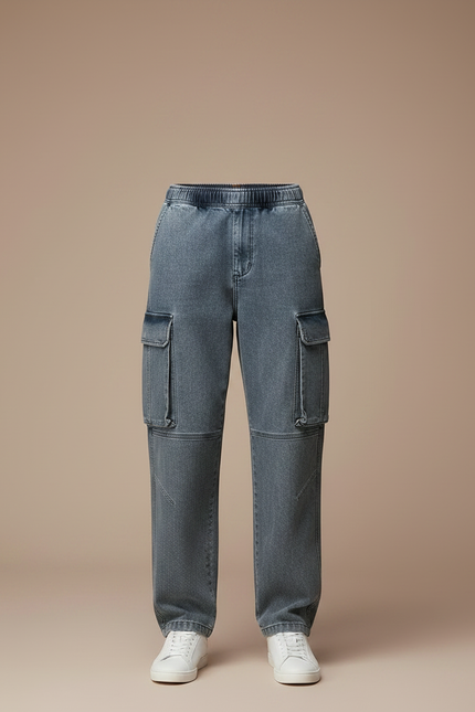 Pantalon Parachute Cargo Denim Ample Décontracté Homme - Bleu Jean - vue 3