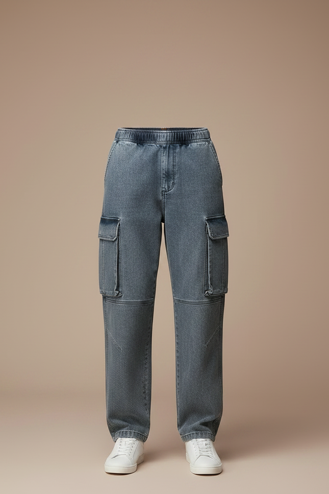 Pantalon Parachute Cargo Denim Ample Décontracté Homme - Bleu Jean - vue 3
