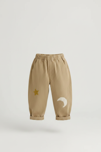 Pantalon Parachute Beige Coton Ample Brodé Étoile Lune - vue 3