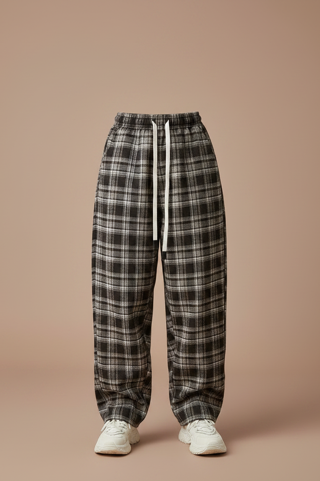 Pantalon Parachute Plaid Noir Ample Cordon Décontracté - Tweed - vue 3