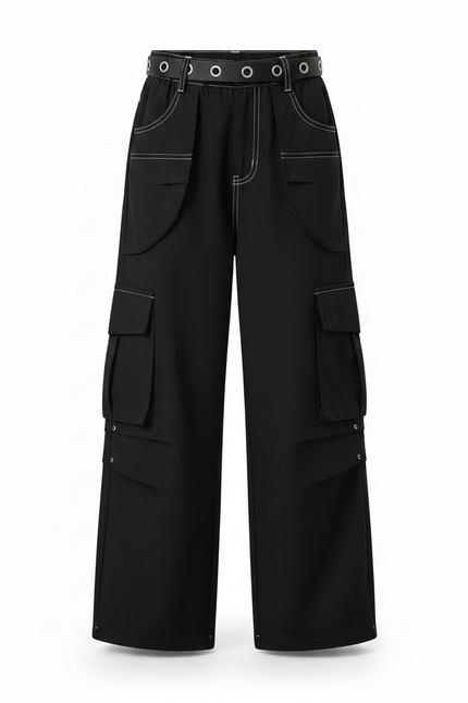 Pantalon Parachute Noir Cargo Ample Couture Blanche Fille - Toile - vue 3