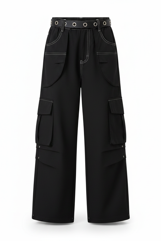 Pantalon Parachute Noir Cargo Ample Couture Blanche Fille - Toile - vue 3