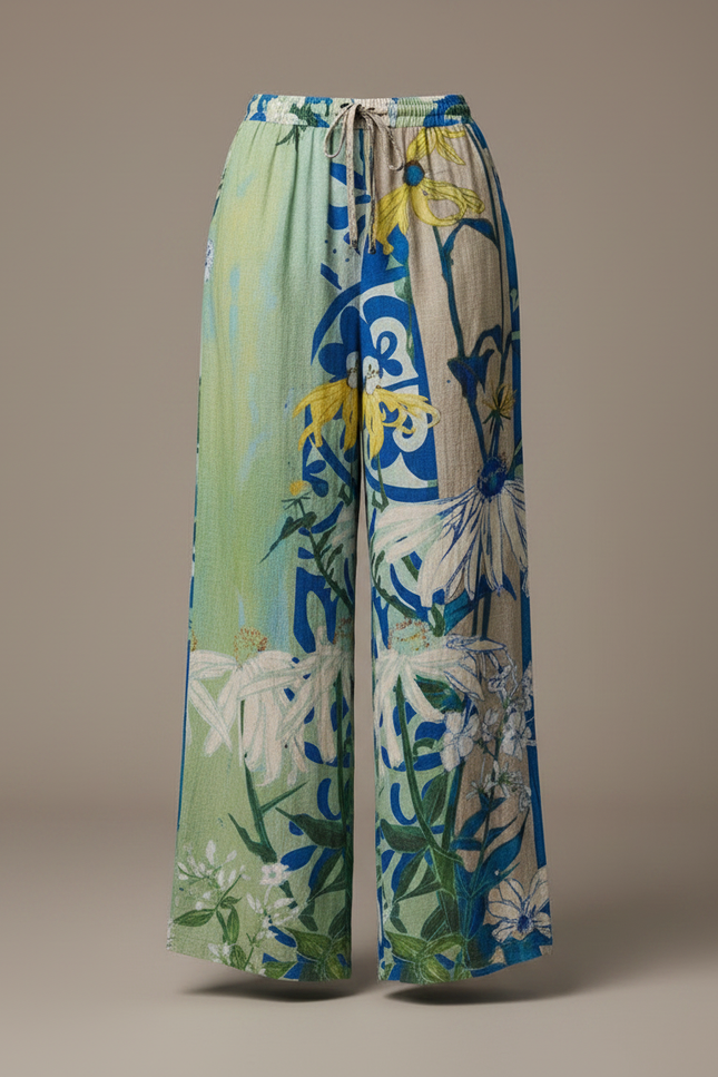 Pantalon Parachute Fluide Imprimé Floral Ample Décontracté - Multicolore Lin - vue 3