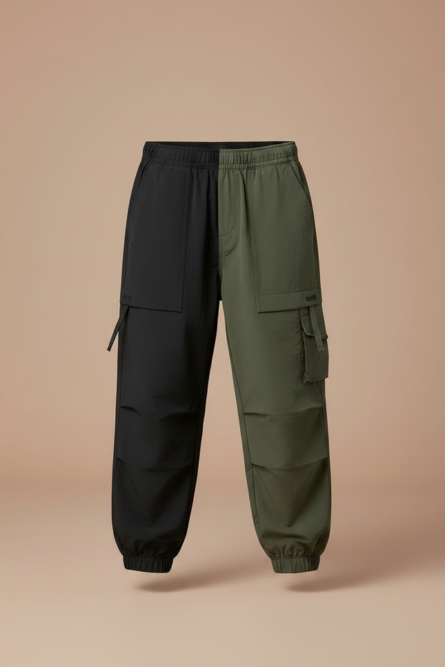 Pantalon Parachute Bicolore Kaki Noir Cargo Enfant - Multicolore Polyester - vue 3