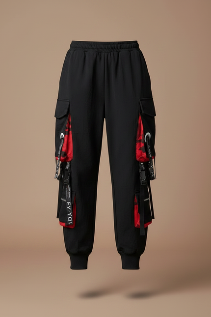 Pantalon Parachute Noir Cargo Ample Rouge Techwear - Polyester - vue 3