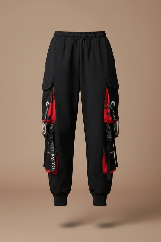 Pantalon Parachute Noir Cargo Ample Rouge Techwear - Polyester - vue 3