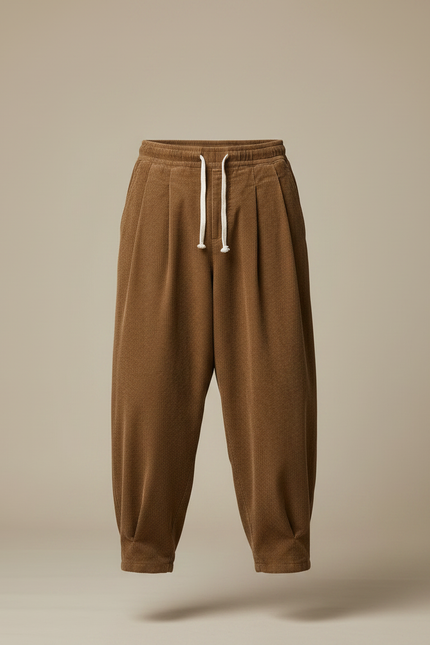 Pantalon Parachute Côtelé Ample Marron Décontracté Homme - Cordé - vue 3