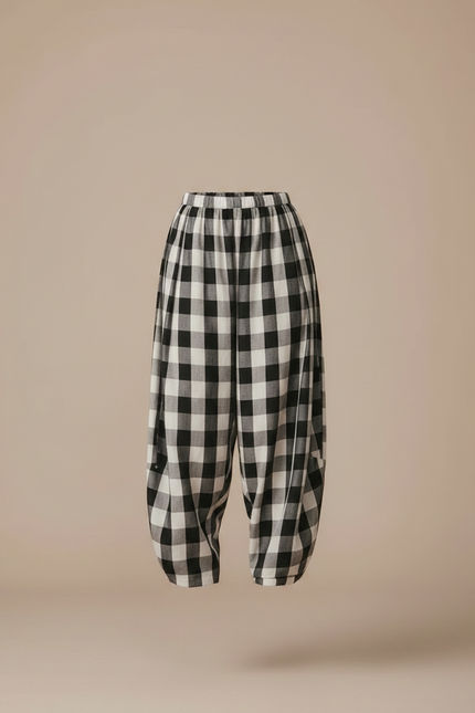 Pantalon Parachute Vichy Noir Blanc Ample Décontracté - Multicolore Coton - vue 3
