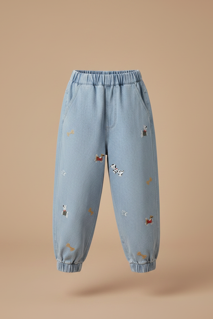 Pantalon Parachute Brodé Chiens Denim Ample Enfant - Bleu Jean - vue 3