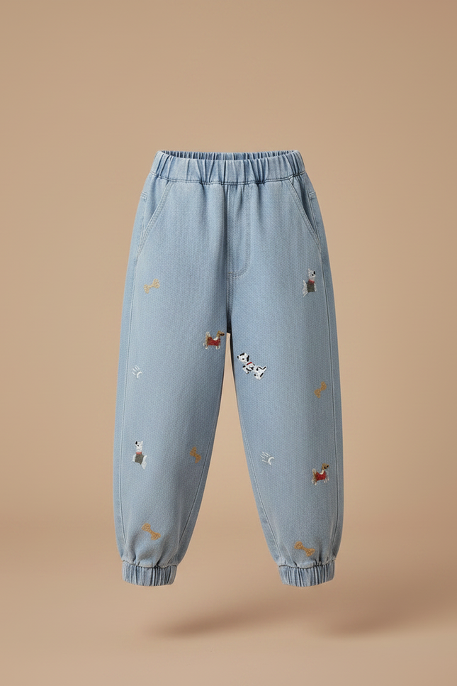 Pantalon Parachute Brodé Chiens Denim Ample Enfant - Bleu Jean - vue 3