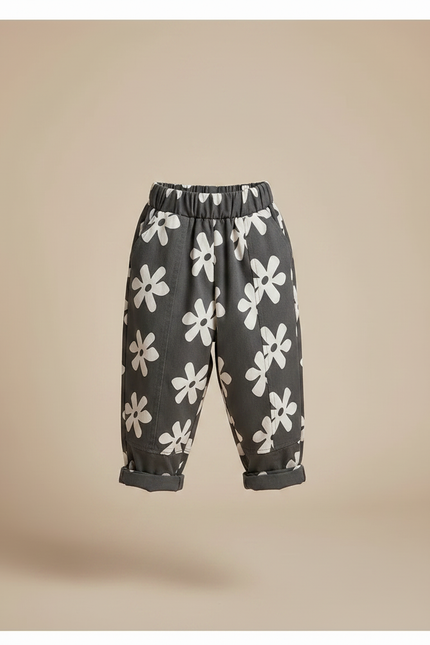 Pantalon Parachute Gris Fleurs Ample Coton Enfant - vue 3