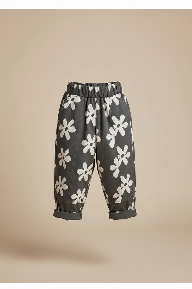 Pantalon Parachute Gris Fleurs Ample Coton Enfant - vue 3