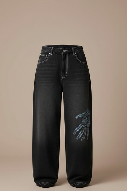 Pantalon Parachute Noir Délavé Imprimé Ample Femme - Jean - vue 3
