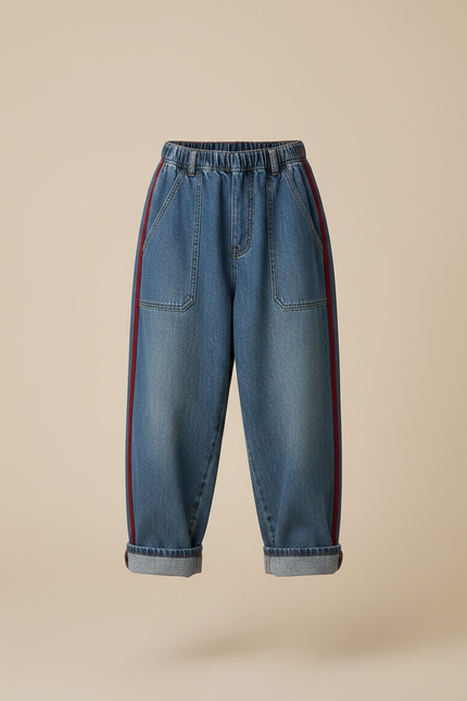 Pantalon Parachute Denim Ample Rouge Fille - Bleu Jean - vue 3