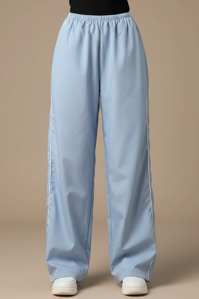 Pantalon Parachute Bleu Ciel Ample Rayures Blanches Fluide - Polyester - vue 3