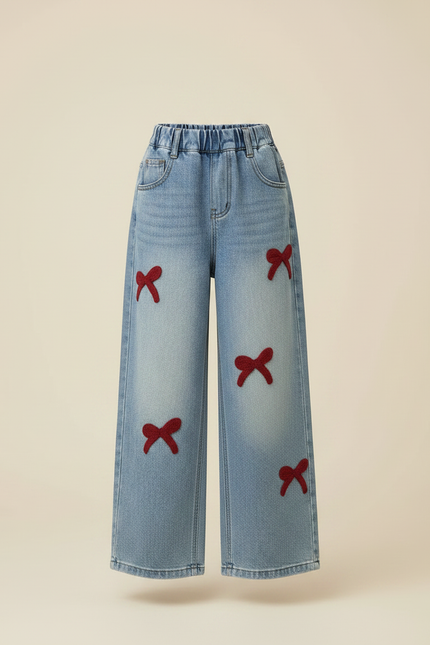 Pantalon Parachute Denim Ample Nœuds Fille - Bleu Jean - vue 3