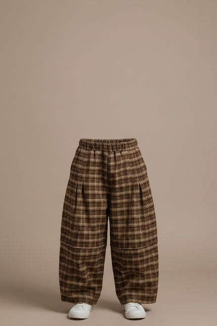 Pantalon Parachute Plaid Marron Ample Garçon Hiver - Tweed - vue 3