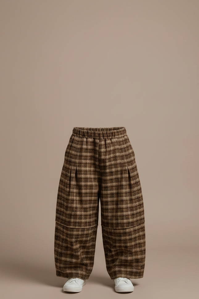 Pantalon Parachute Plaid Marron Ample Garçon Hiver - Tweed - vue 3
