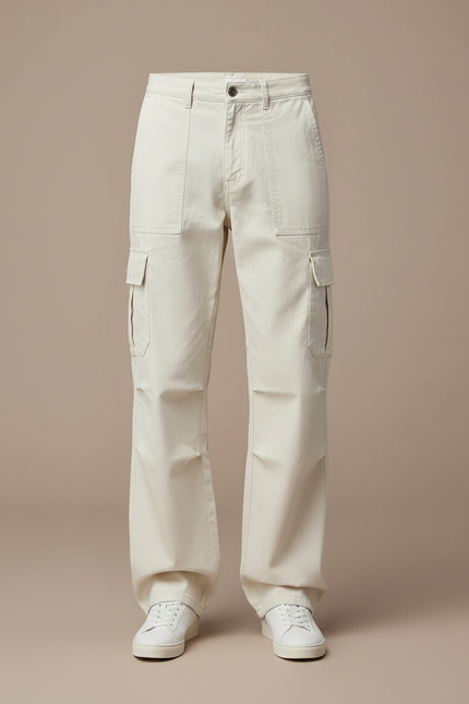 Pantalon Parachute Crème Cargo Ample Décontracté Coton - Beige Toile - vue 3