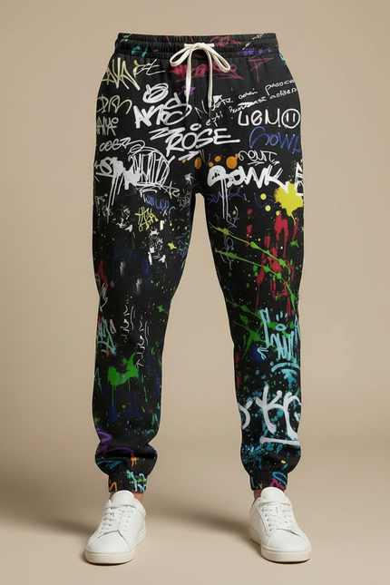 Pantalon Parachute Noir Graffiti Ample Streetwear Homme - Molleton - vue 3