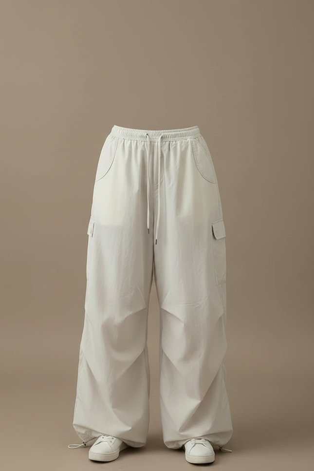 Pantalon Parachute Beige Ample Cargo Cordon Fluide - Polyester - vue 3