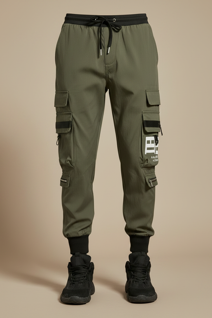 Pantalon Parachute Kaki Cargo Imprimé Cordon Jogger Homme - Polyester - vue 3