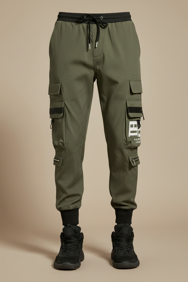 Pantalon Parachute Kaki Cargo Imprimé Cordon Jogger Homme - Polyester - vue 3