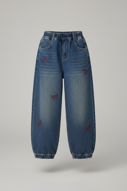Pantalon Parachute Denim Ample Brodé Nœuds Fille - Bleu Jean - vue 3