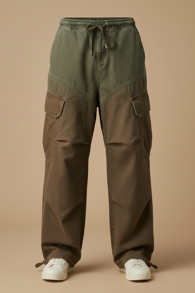 Pantalon Parachute Bicolore Ample Cargo Cordon Homme - Marron Toile - vue 3