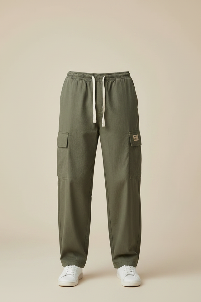 Pantalon Parachute Vert Ample Cargo Coton Homme - Kaki - vue 3