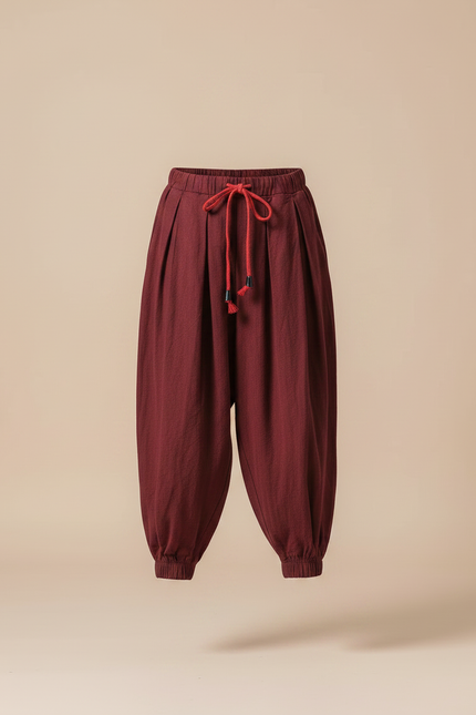 Pantalon Parachute Bordeaux Ample Cordon Décontracté - Lin - vue 3