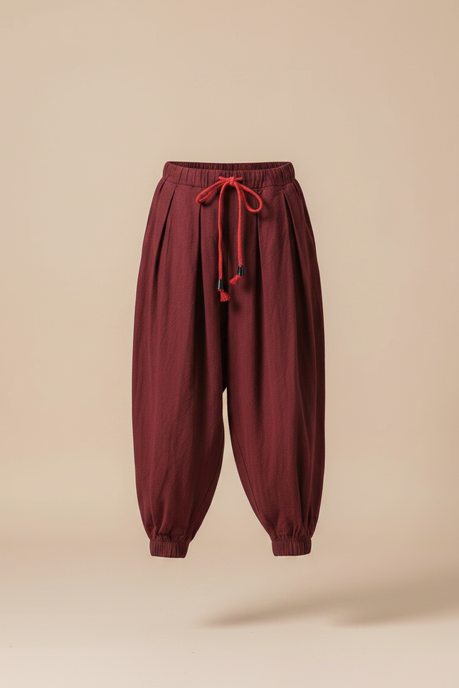 Pantalon Parachute Bordeaux Ample Cordon Décontracté - Lin - vue 3