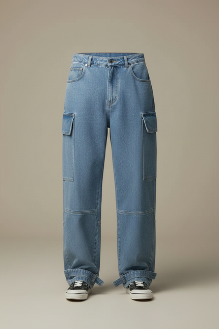 Pantalon Parachute Cargo Denim Ample Streetwear Homme - Bleu Jean - vue 3