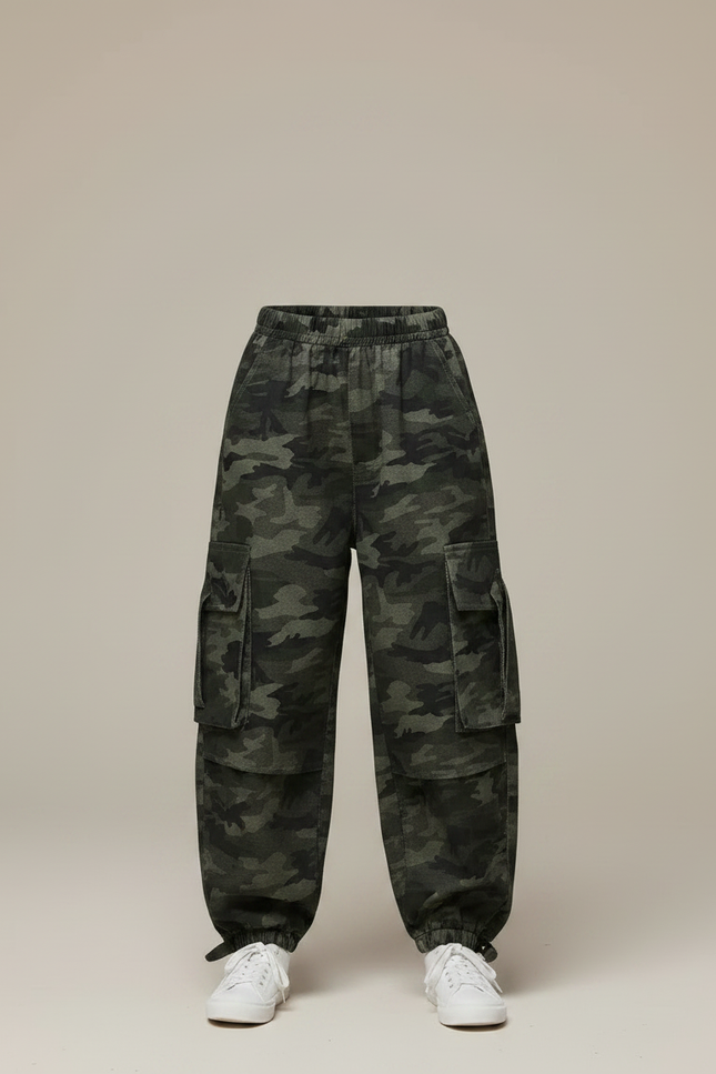 Pantalon Parachute Camouflage Cargo Ample Enfant - Vert Toile - vue 3